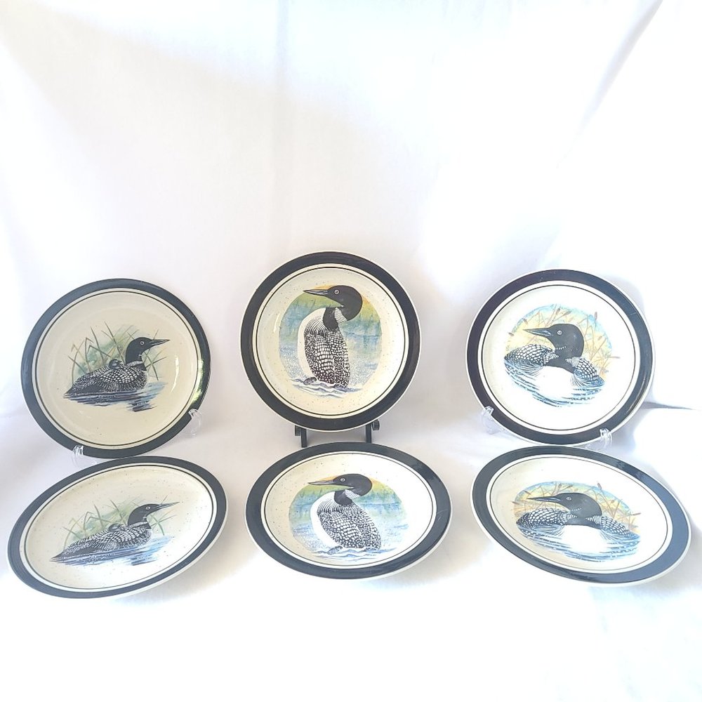Folkcraft Loon Lake Small Plates Set Of 6 Salad Dessert Cabin Lodge Stoneware